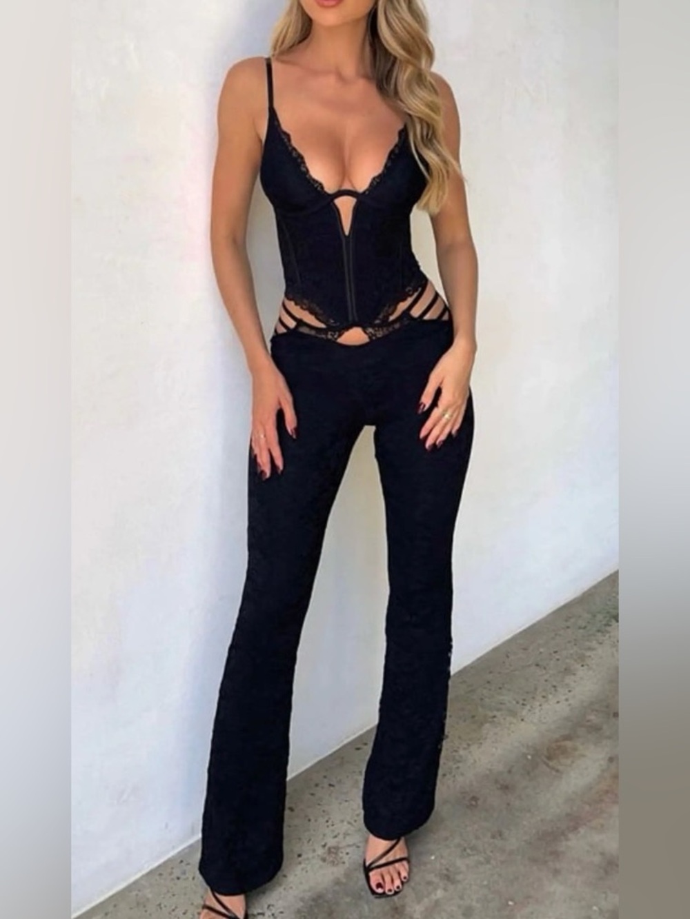 Black Strappy Lace Cutout Jumpsuit